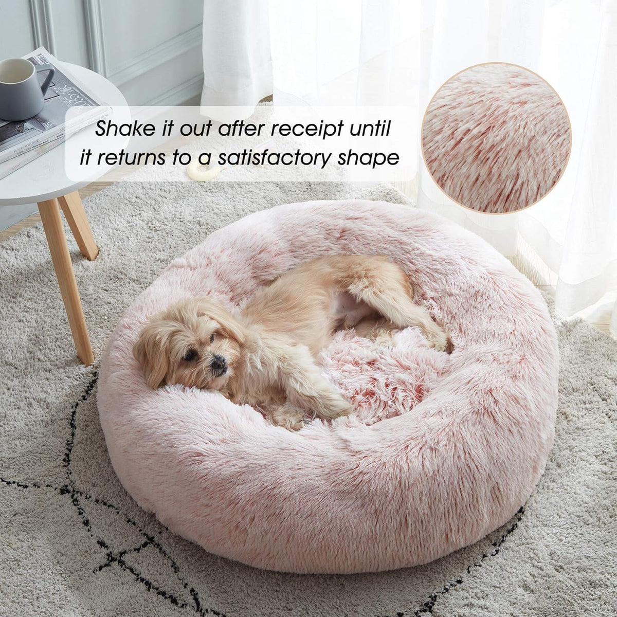 Dog curled up in the calming donut bed