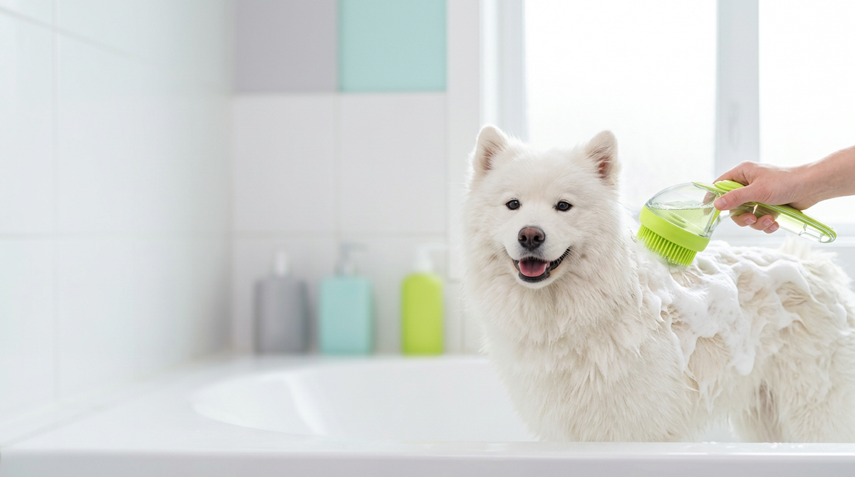 PawMist bath brush lathering a dog during a wash